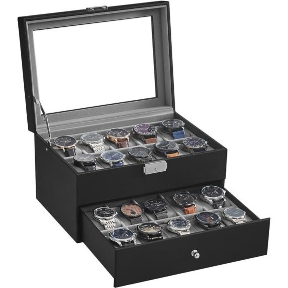 20-Slot Watch Box with Glass Lid, 2 Layers, Lockable Watch Case, Black